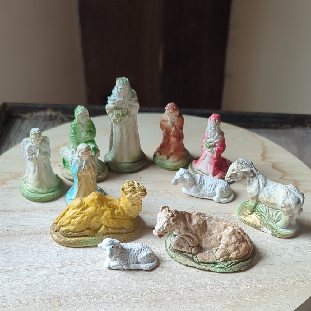 Vintage Chalkware Nativity Scene Miniature Figurines Collection